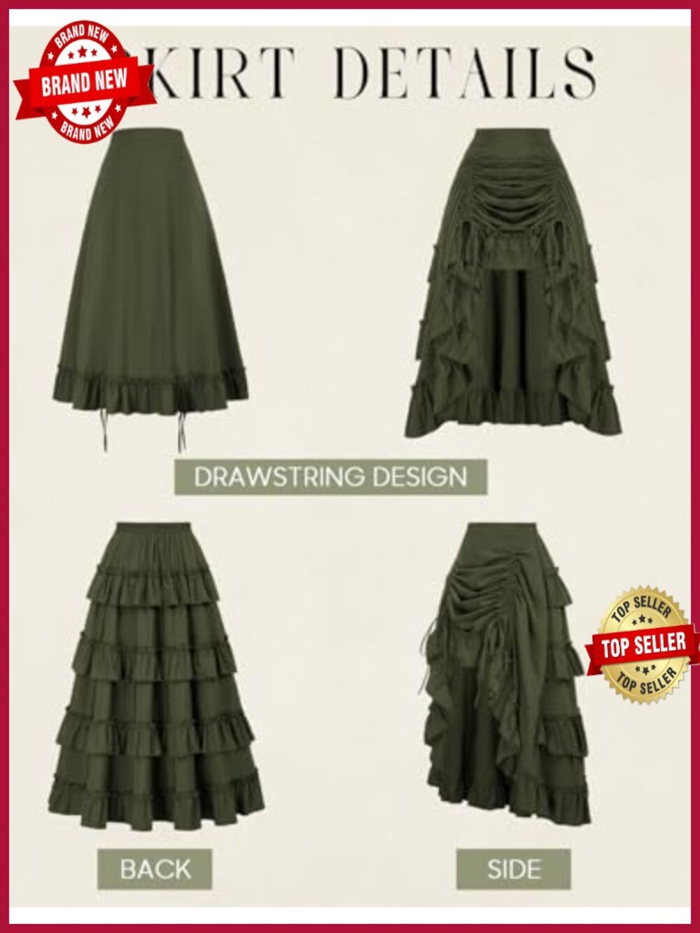 Victorian Steampunk Bustle Skirt High-Low A-Line Renaissance Costume Skirt - Picture 3 of 6